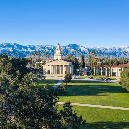 Horizontal tab card - Memorial chapel view of Redlands main campus